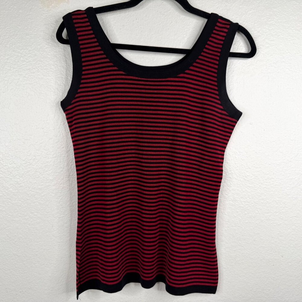 Exclusively Misook Women's Top Shell Red Black Sz XS Striped Acrylic Knit Career